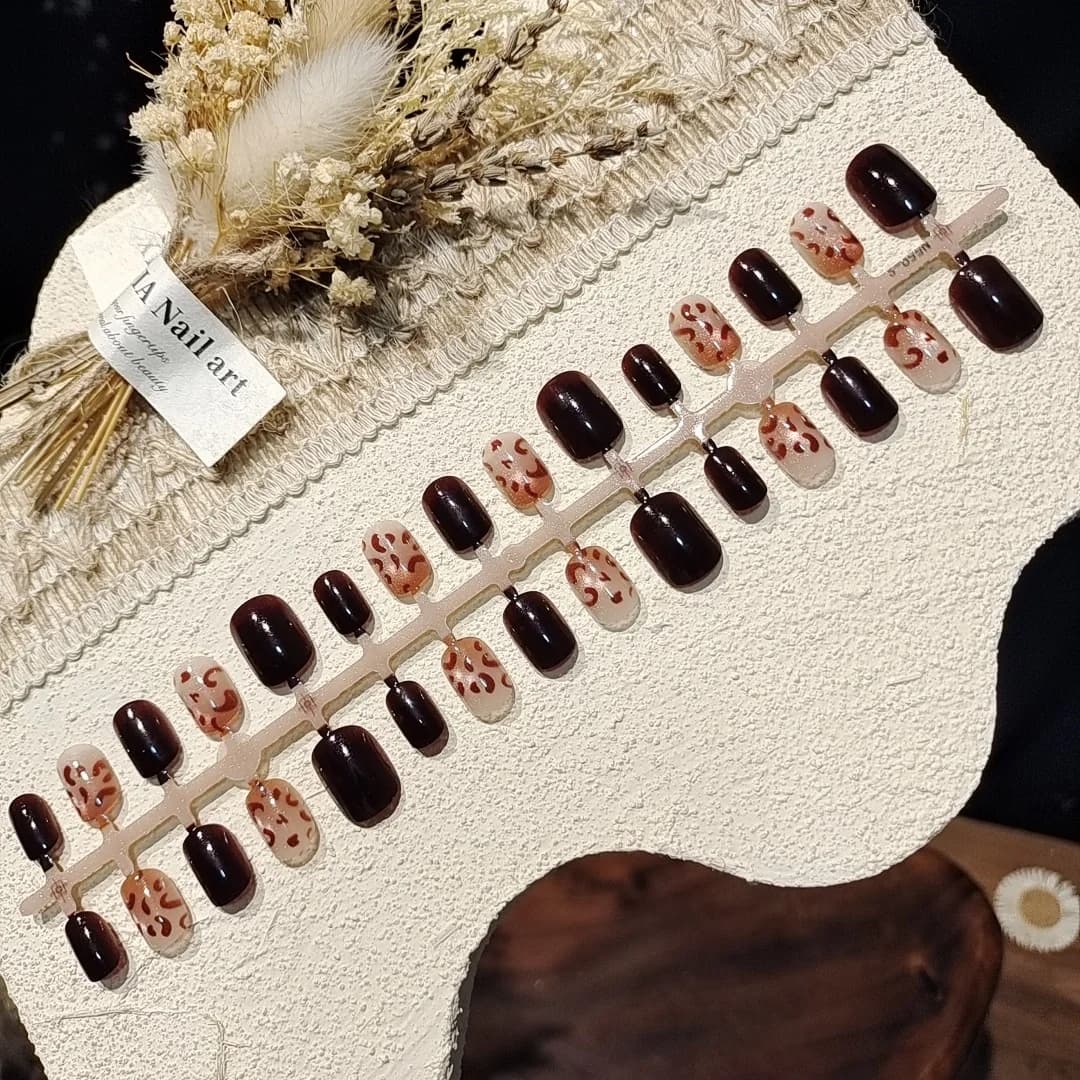 Unhas Postiças Olho de Gato Estampa de Leopardo Castanho, Quadrado Curto Marrom Outono