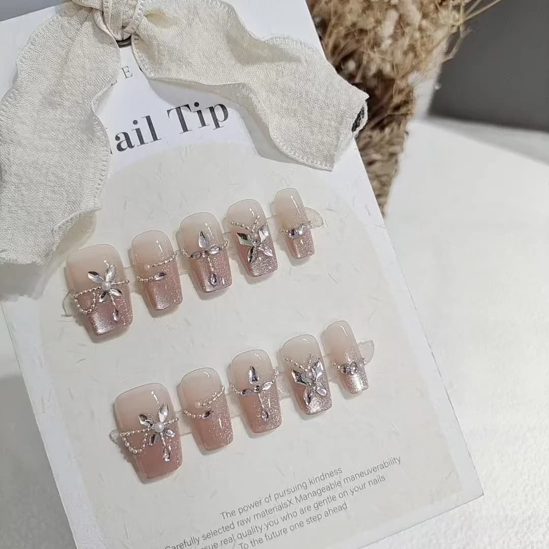 Unhas Postiças Borboleta Cristal de Gelo com Strass, Kit de Manicure com Glitter