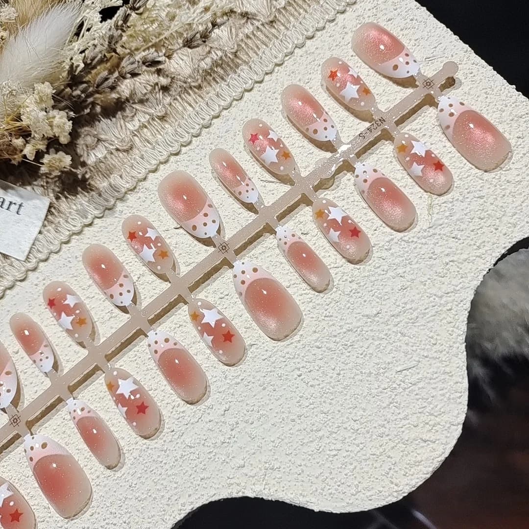 Unhas Postiças Olho de Gato com Contas de Vidro, Oval Médio, Estilo Verão