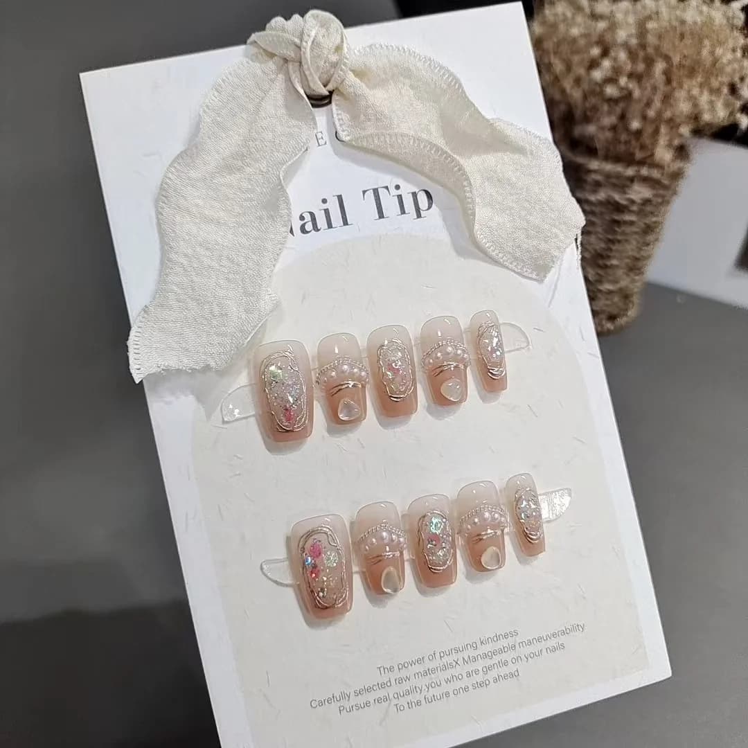 Unhas Postiças Coffin Curto Design Aurora Shell com Pérola, 10 Peças