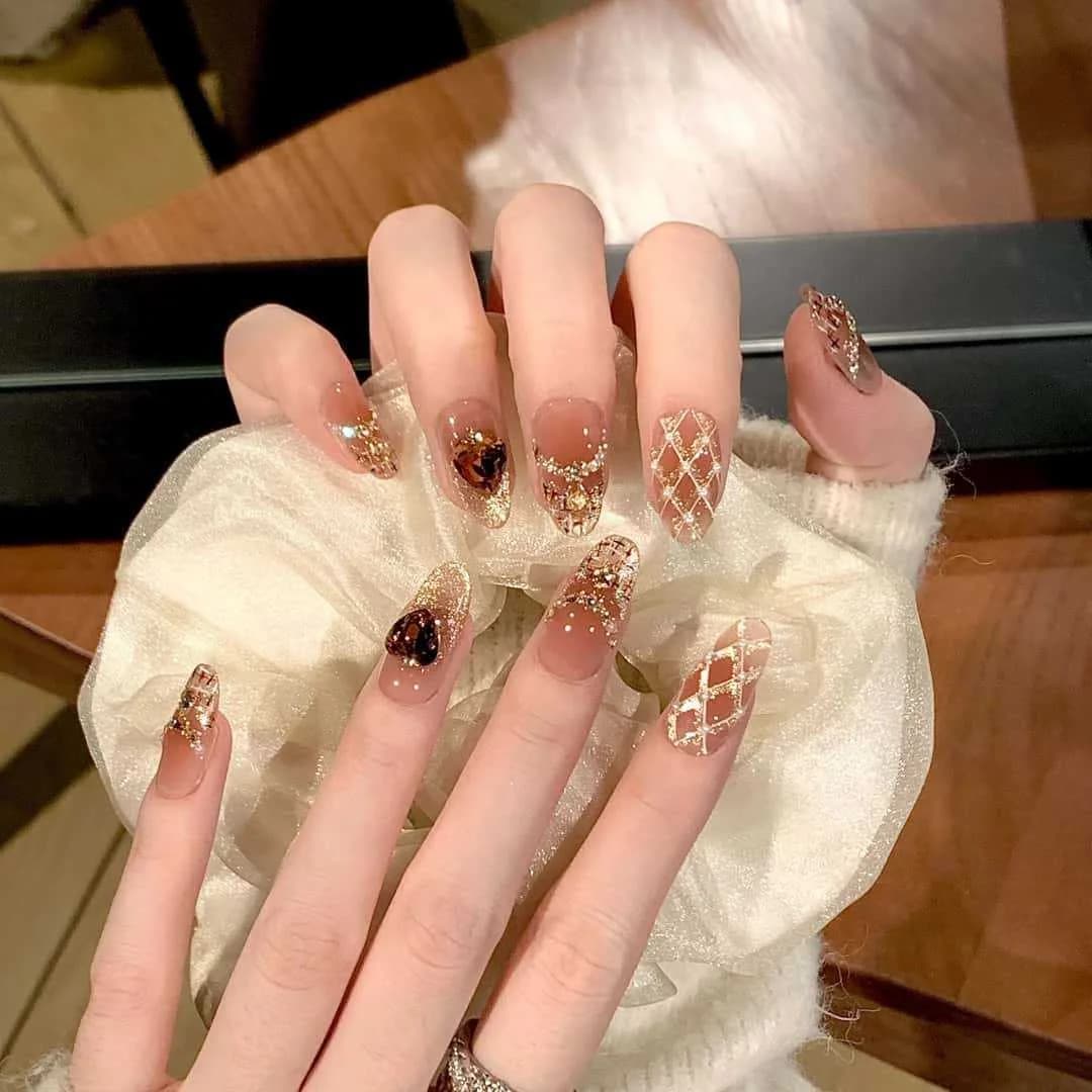 Unhas Postiças Oval Médio Olho de Gato Glitter Pérola 30 Peças