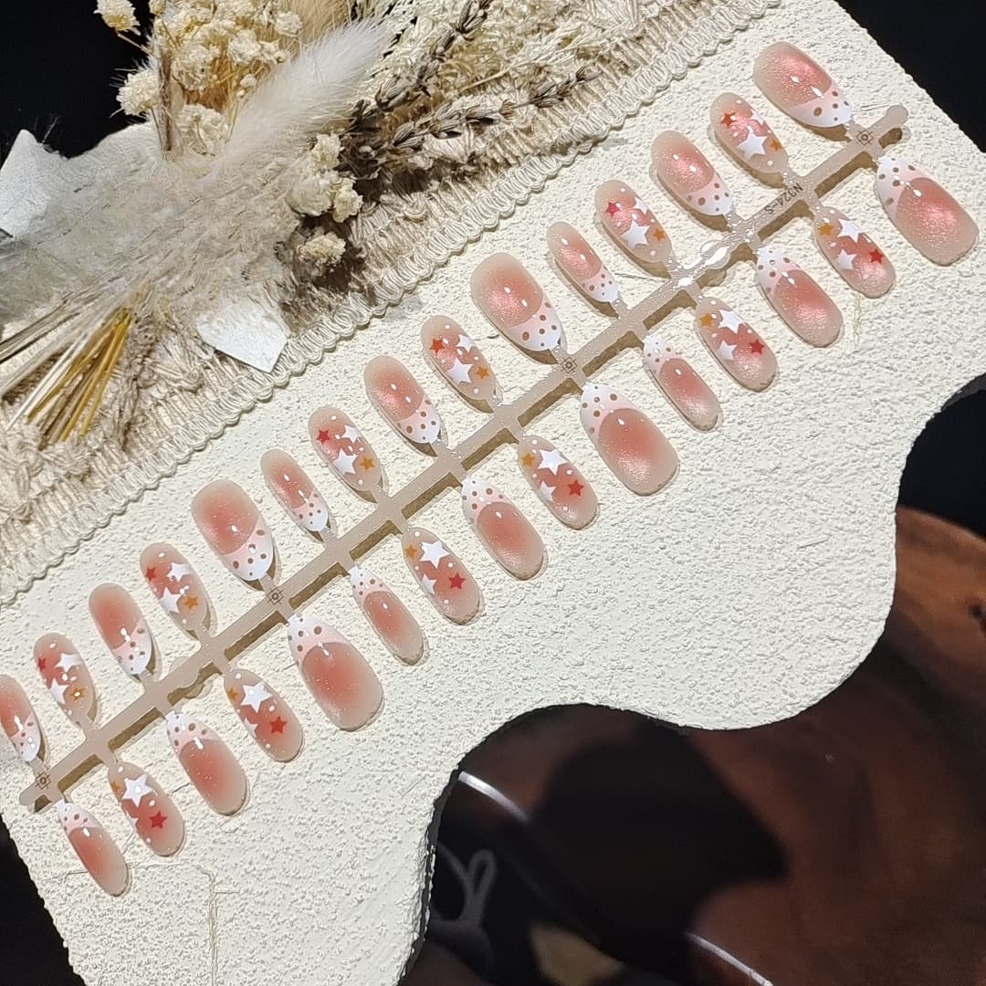 Unhas Postiças Olho de Gato com Contas de Vidro, Oval Médio, Estilo Verão