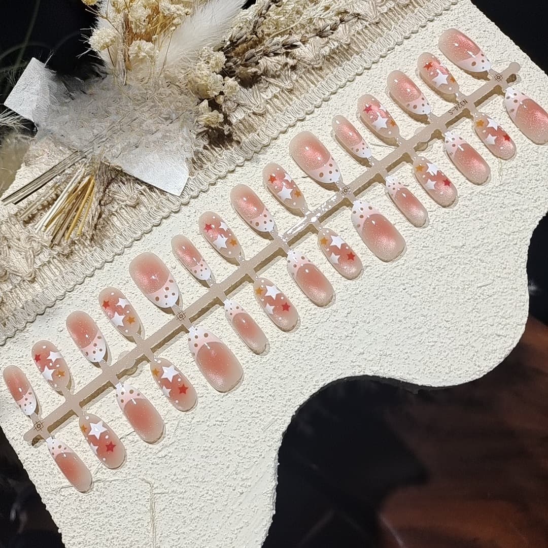 Unhas Postiças Olho de Gato com Contas de Vidro, Oval Médio, Estilo Verão