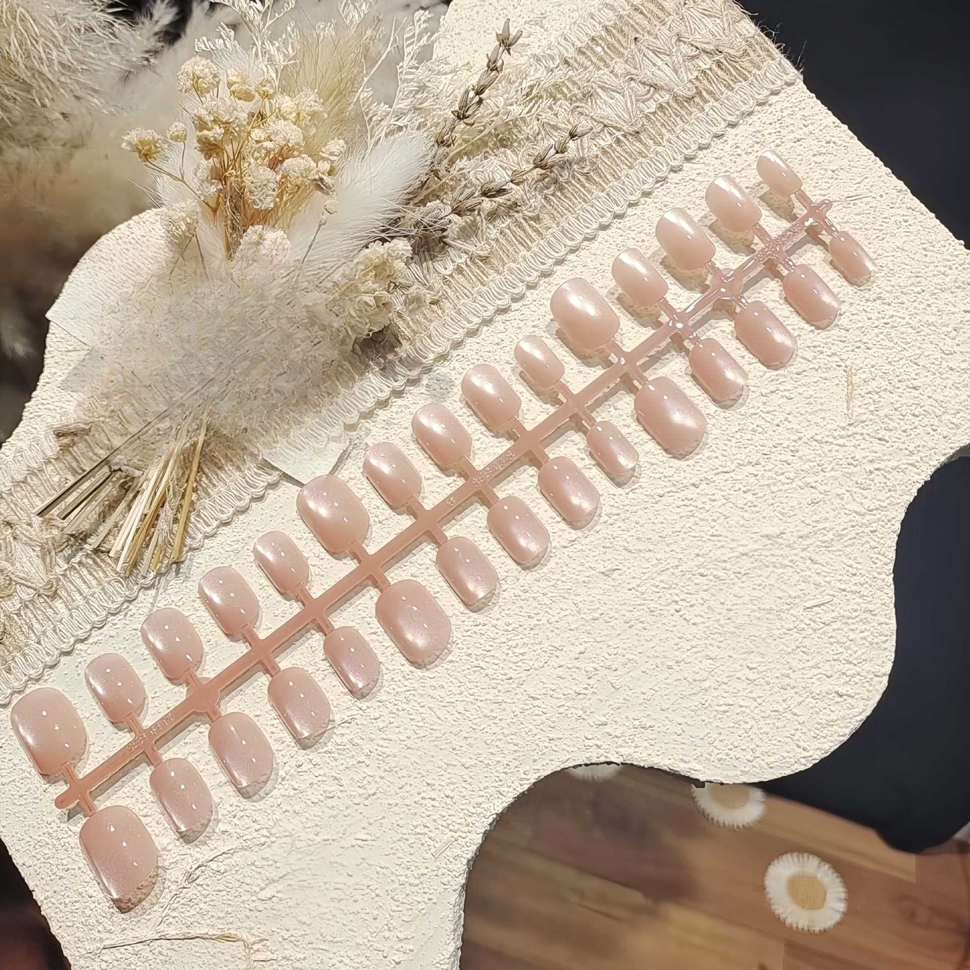 Unhas Postiças Olho de Gato Rosa com Efeito de Pérola de Vidro