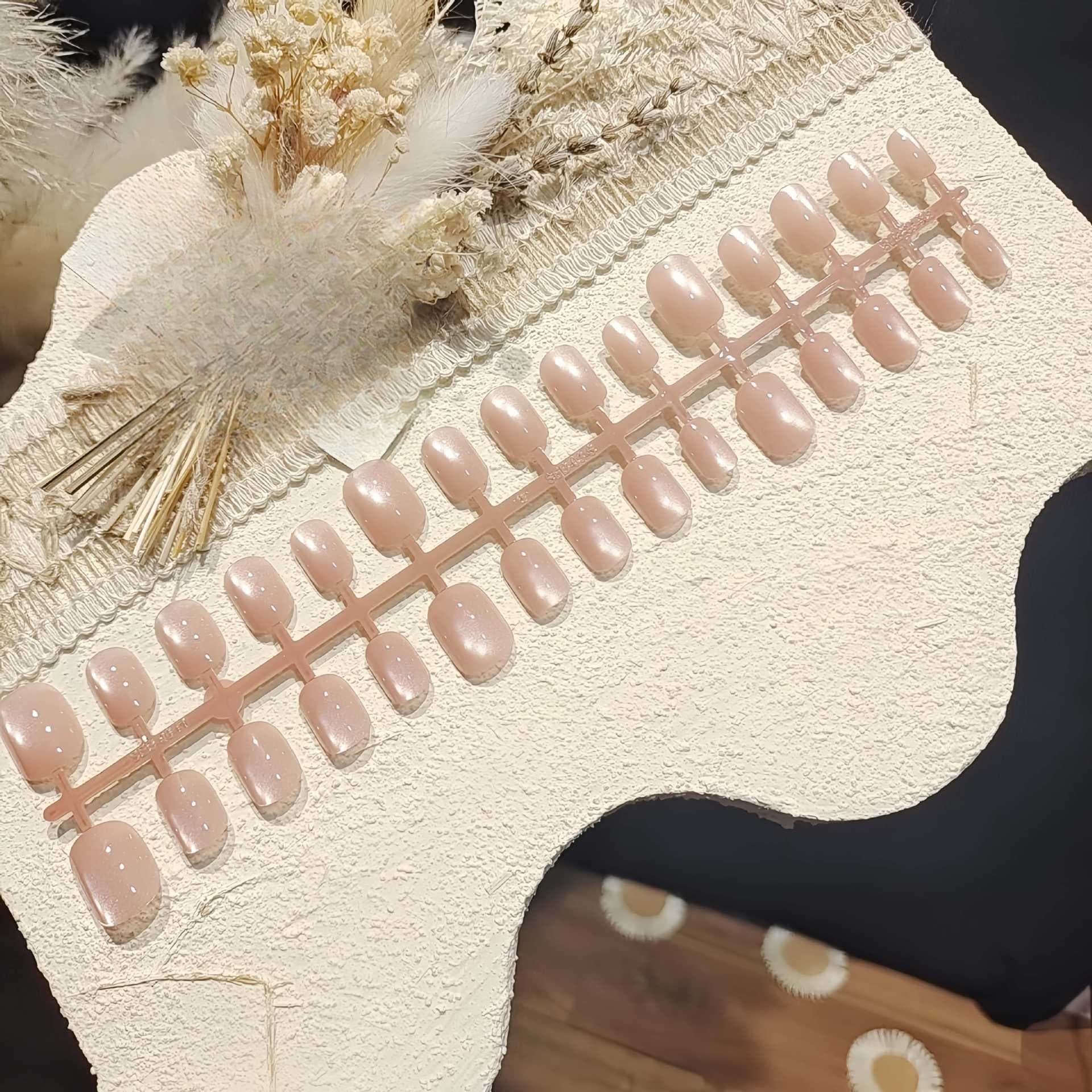 Unhas Postiças Olho de Gato Rosa com Efeito de Pérola de Vidro