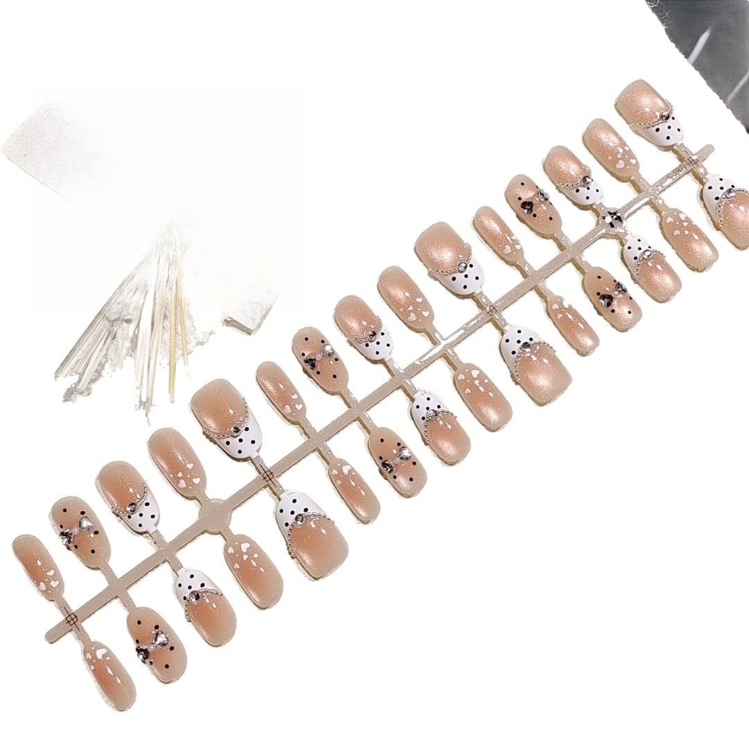 Unhas Postiças Oval Curto com Poá, Pérola e Olho de Gato